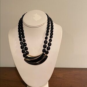 Elegant Vintage Black Beaded Necklace with black and gold pendant